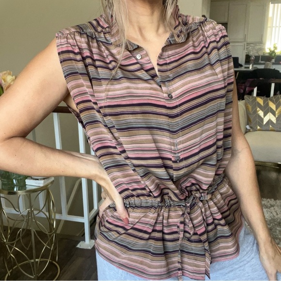 Bagarre 100% Silk Striped Sleeveless Buttoned Blouse Top belted Vtg Multicolor M - Picture 4 of 14